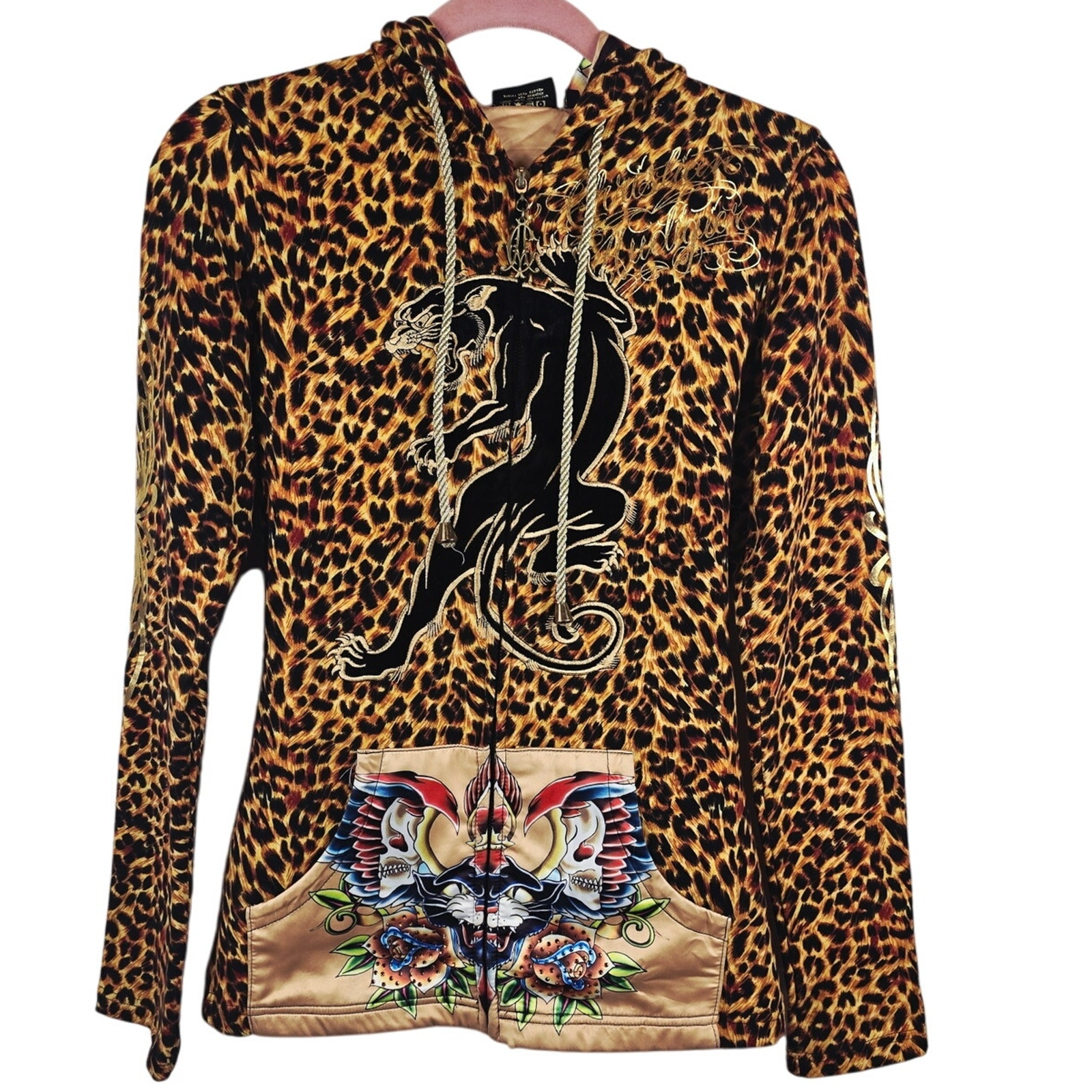 Christian Audiger Black Leopard Animal Print Skull Women's Hooded Jacket S